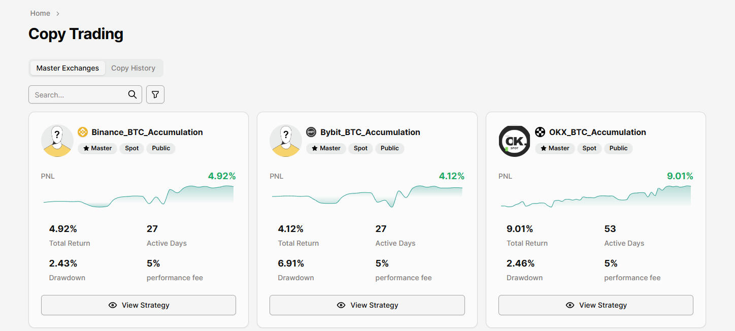 The managedcryptotrading.com - Copy Trading UI