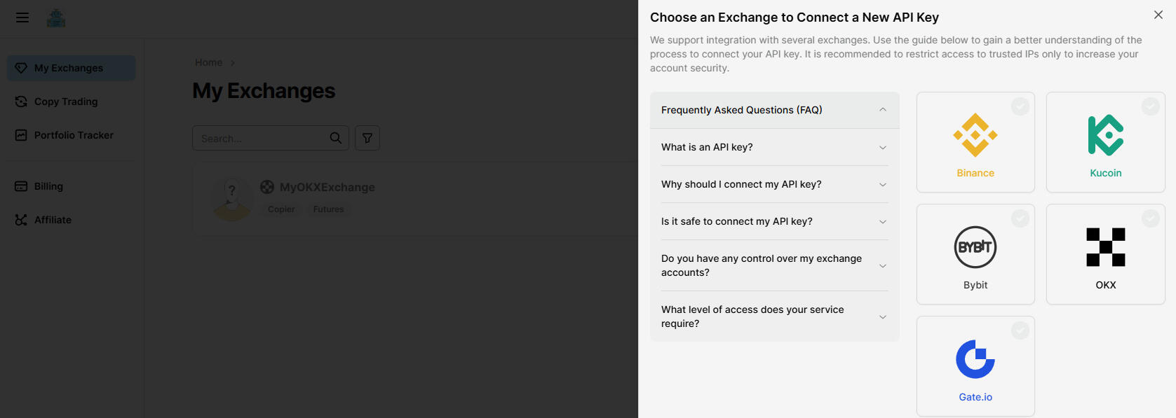 The managedcryptotrading.com - Supported Exchanged